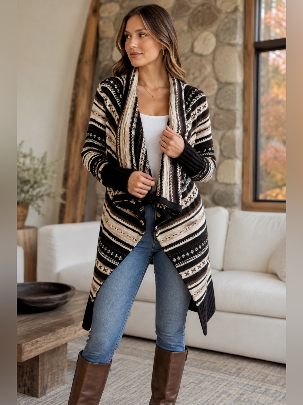 Alice and Olivia Fair Isle Waterfall Cardigan Shawl Collar Boho Sweater xs